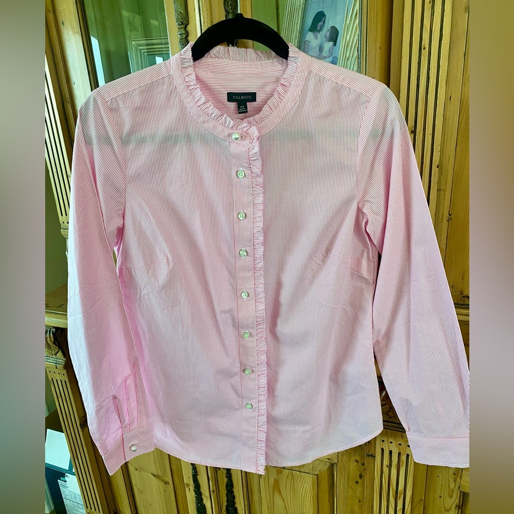 NWT Talbots ruffle band collar poplin blouse, pink & white striped, size XS